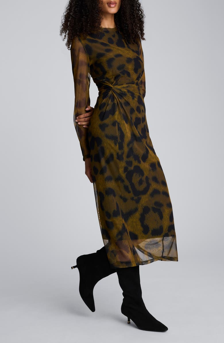 Kenneth Cole Print Knot Long Sleeve Mesh Midi Dress, Alternate, color, Olive Green Multi