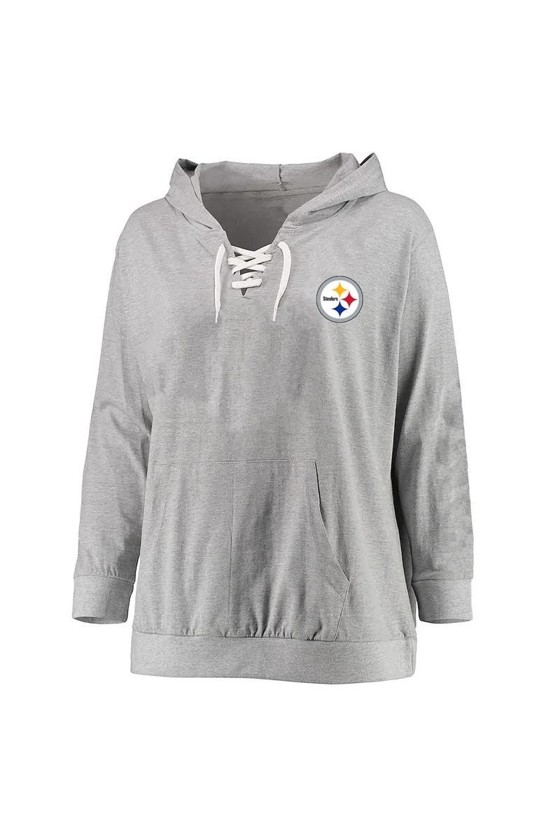 FANATICS Women's Fanatics Heather Gray Pittsburgh Steelers Plus Size Lace-up Pullover Hoodie, Alternate, color, 
