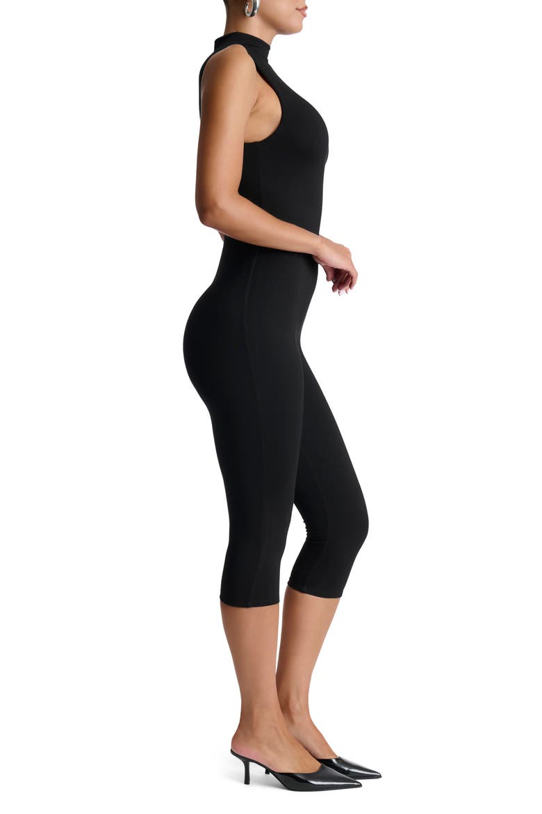 Smooth Funnel Neck Capri Jumpsuit, Alternate, color, BLACK