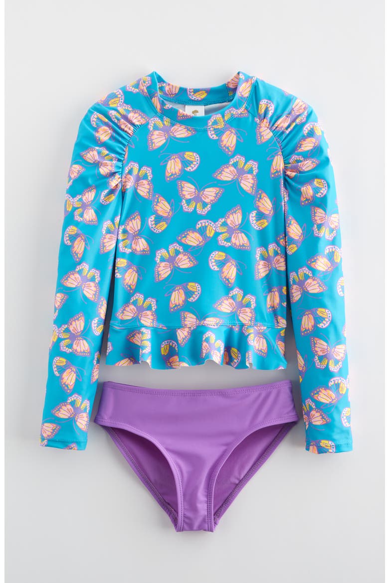 Kids' Two-Piece Long Sleeve Rashguard Swimsuit, Main, color, TURQUOISE COOL BUTTERFLY BLISS