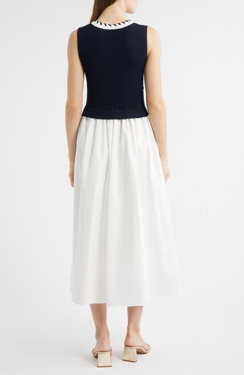 Zoe And Claire Stitch Piping Mixed Media Midi Dress In Blue