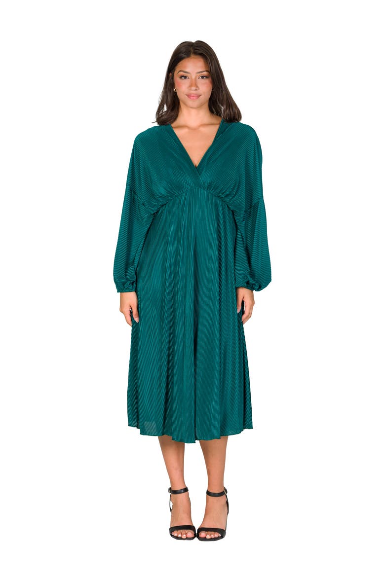 Shimmer Pleated V-neck Empire Waist Bishop Sleeve Midi Dress, Main, color, Hunter