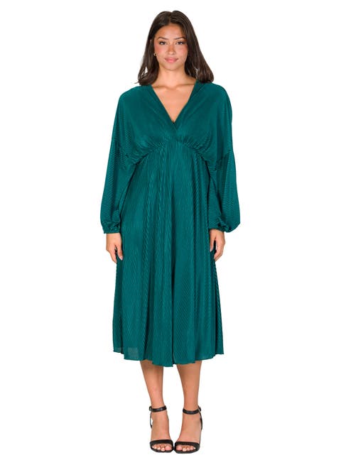 Shimmer Pleated V-neck Empire Waist Bishop Sleeve Midi Dress