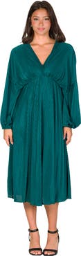 24seven Comfort Apparel Shimmer Pleated V-neck Empire Waist Bishop Sleeve Midi Dress