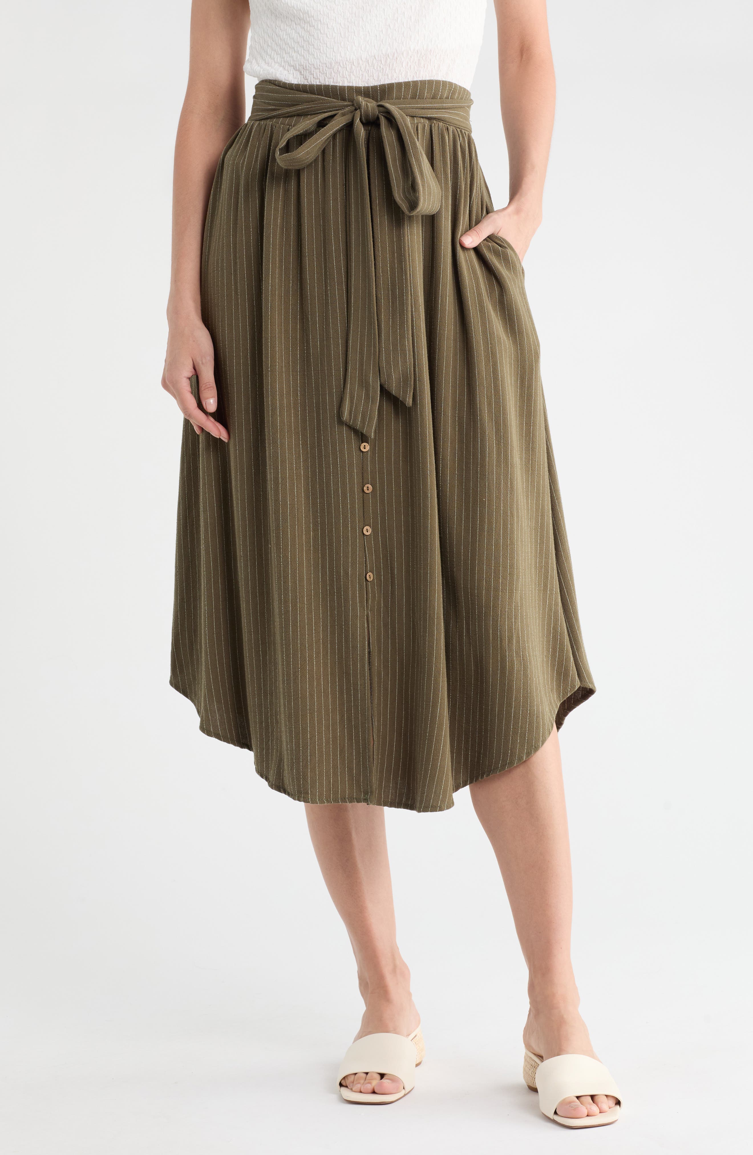 Renee C Stripe Tie Waist Midi Skirt