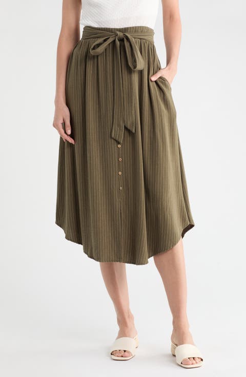 Stripe Tie Waist Midi Skirt