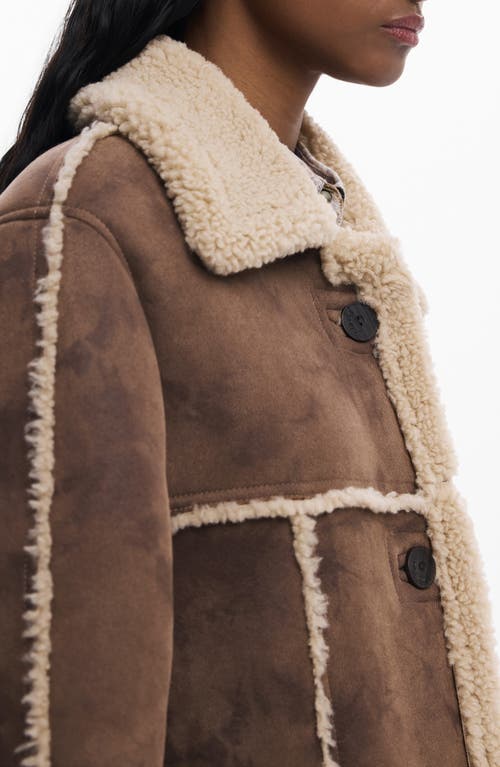 Desigual Faux Shearling Trim Longline Coat In Brown