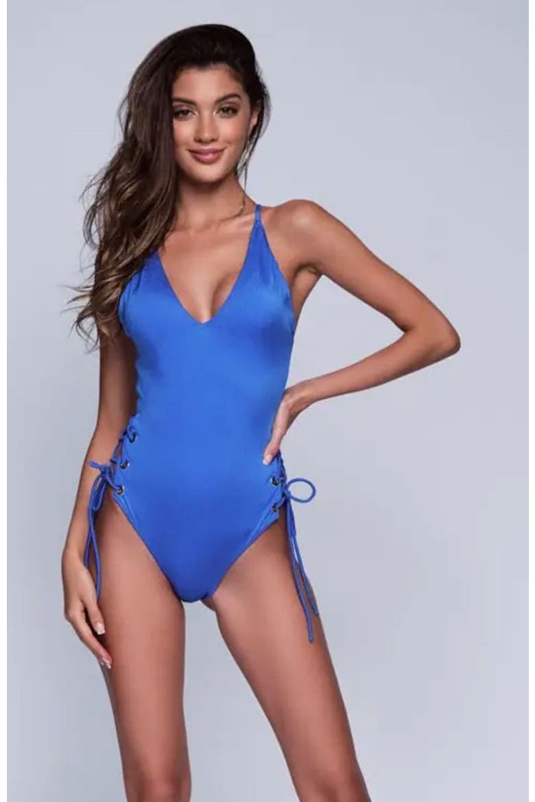 Ibiza Plunging V Neckline With Gold Eyelets Adjustable Lace-Up One-Piece Swimsuit, Alternate, color, Blue