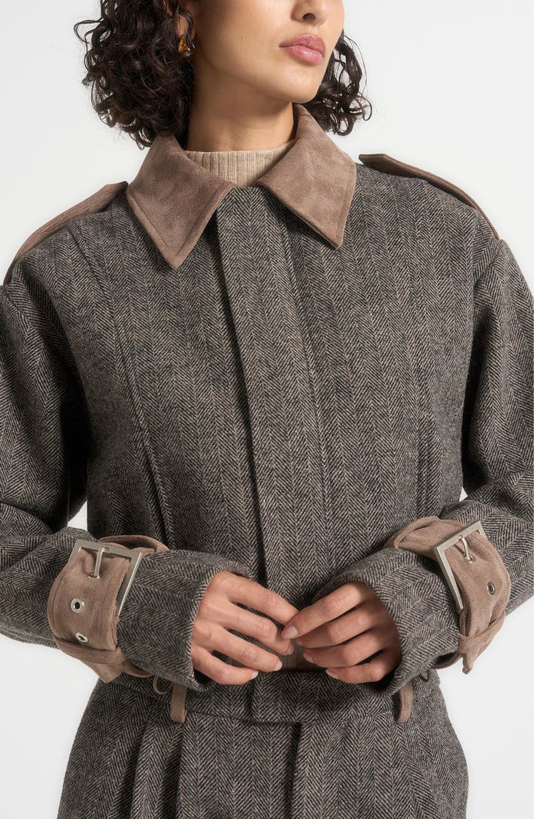 Manière De Voir Galia Herringbone and Suede Bungee Hem Jacket, Main, color, Grey