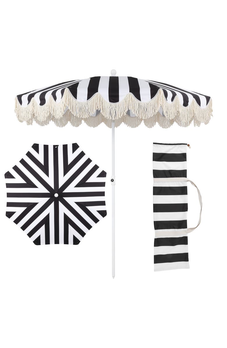 JONATHAN Y Mariner 6.5 ft. Classic Cottage Fringe Tassel Market Beach Umbrella with Push Button Tilt, Main, color, Black/White - White Pole