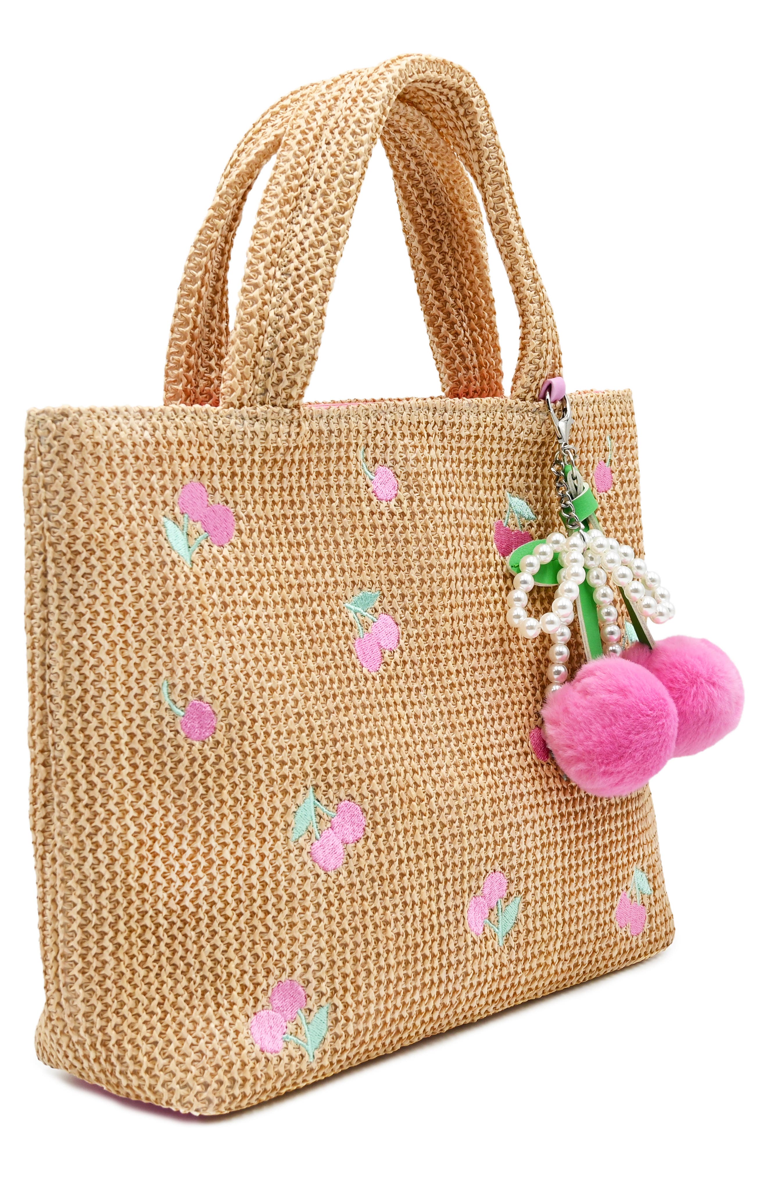 OMG Accessories Embroidered Cherry Straw Tote, Alternate, color, Beige/ Peony Pink
