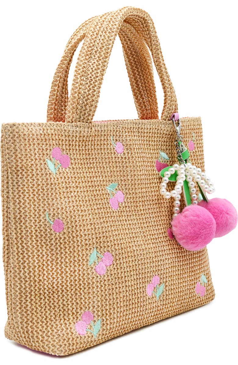 OMG Accessories Embroidered Cherry Straw Tote, Alternate, color, Beige/ Peony Pink