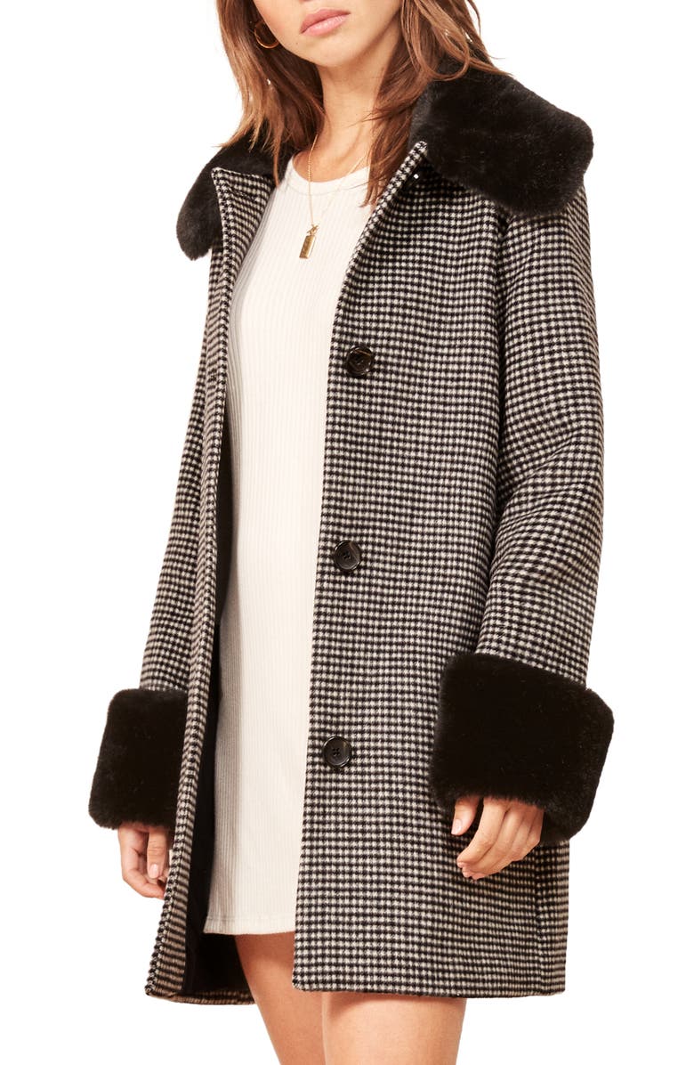 Reformation Lucille Faux Fur Trim Coat, Main, color,