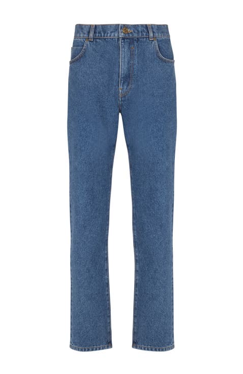 Blue denim straight-cut jeans