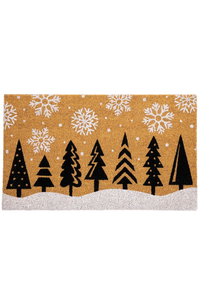 Northlight Trees and Snowflakes Natural Coir Christmas Outdoor Doormat 18" x 30", Main, color, Brown