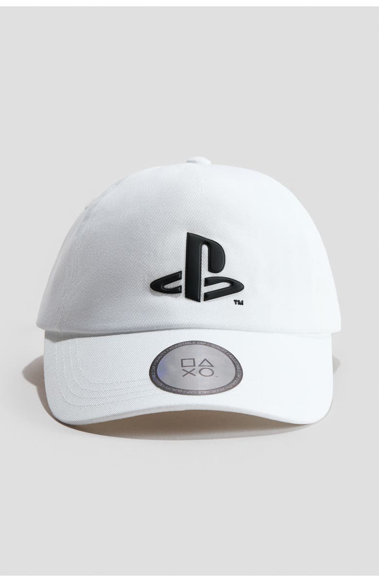 H&M Embroidered-motif Cotton Twill Cap, Main, color, White/Playstation