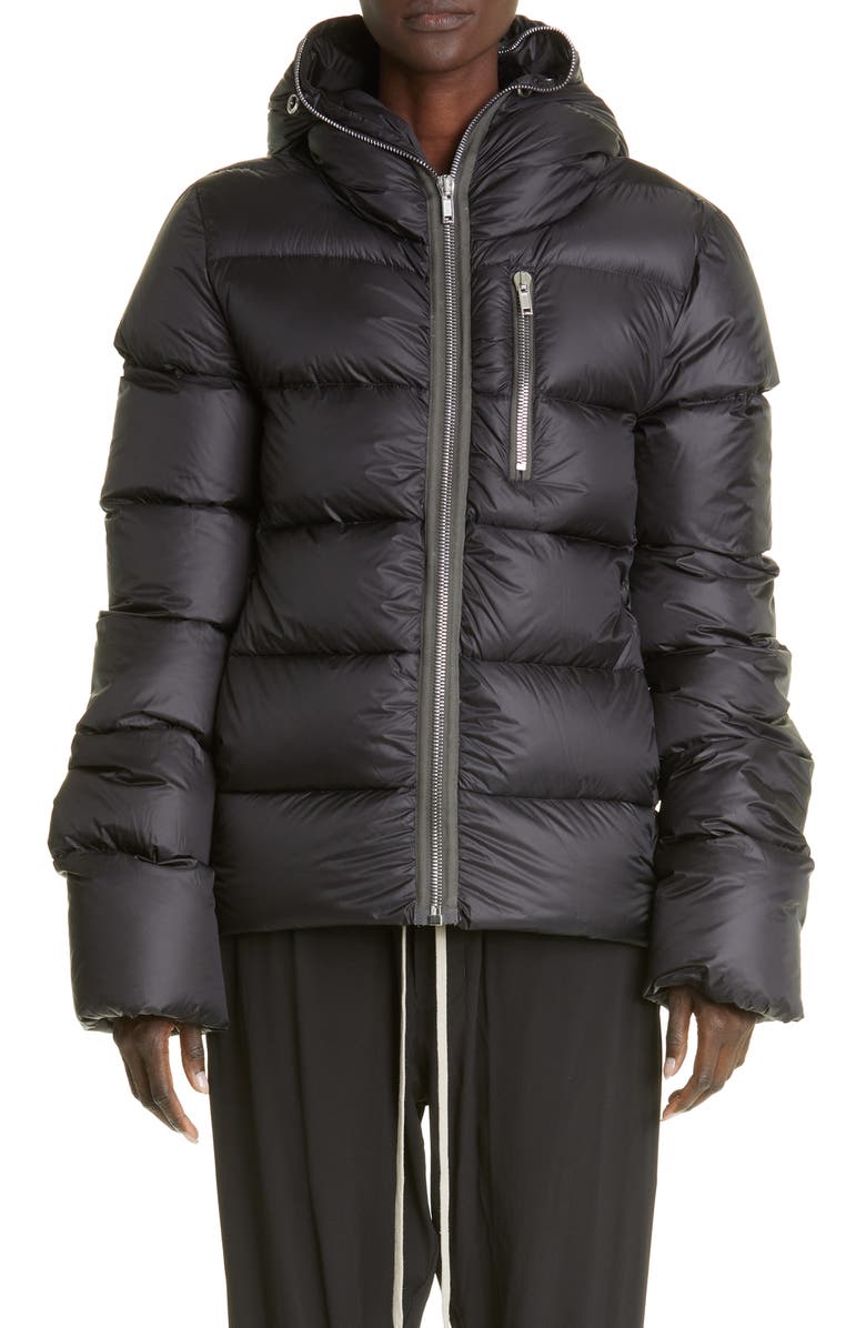 Rick Owens Zip Neck Hooded Down Coat, Main, color, 