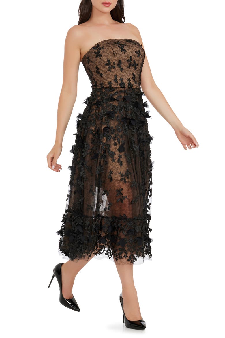 kailyn floral appliqué strapless cocktail dress Kailyn Floral Appliqué Strapless Midi Dress (Women)