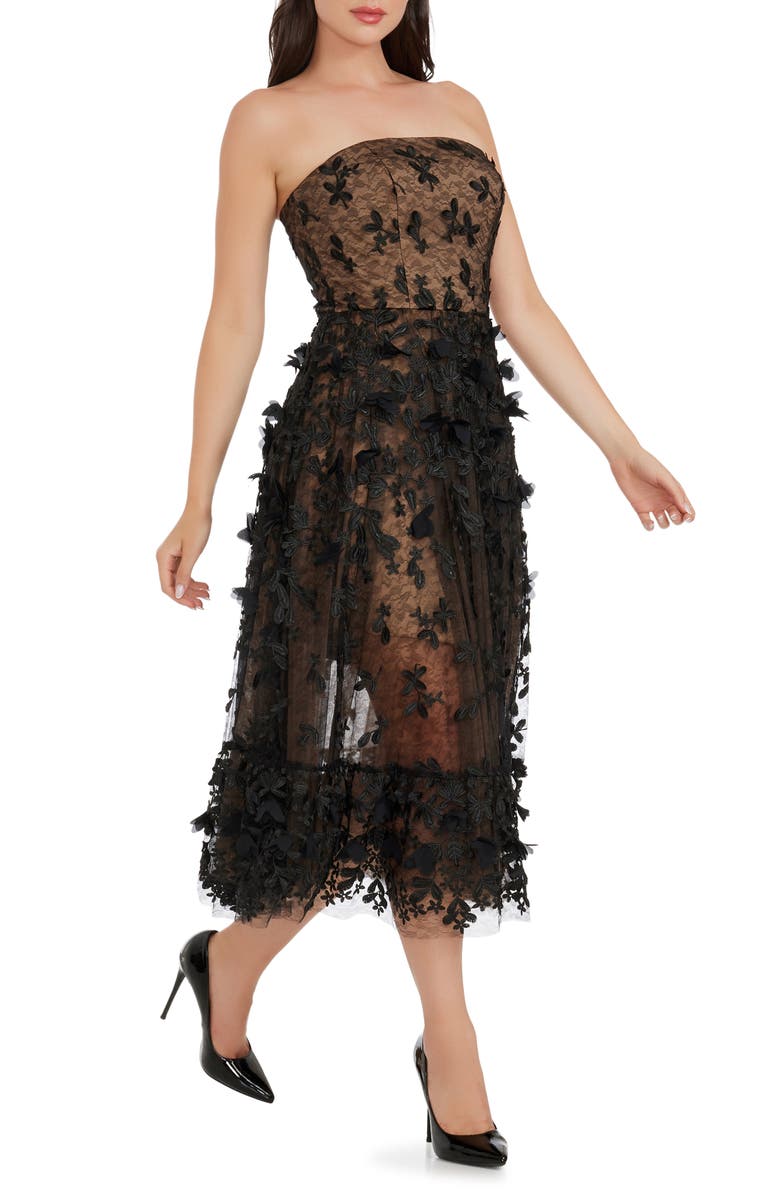 Dress the Population Kailyn Floral Appliqué Strapless Midi Dress, Alternate, color,