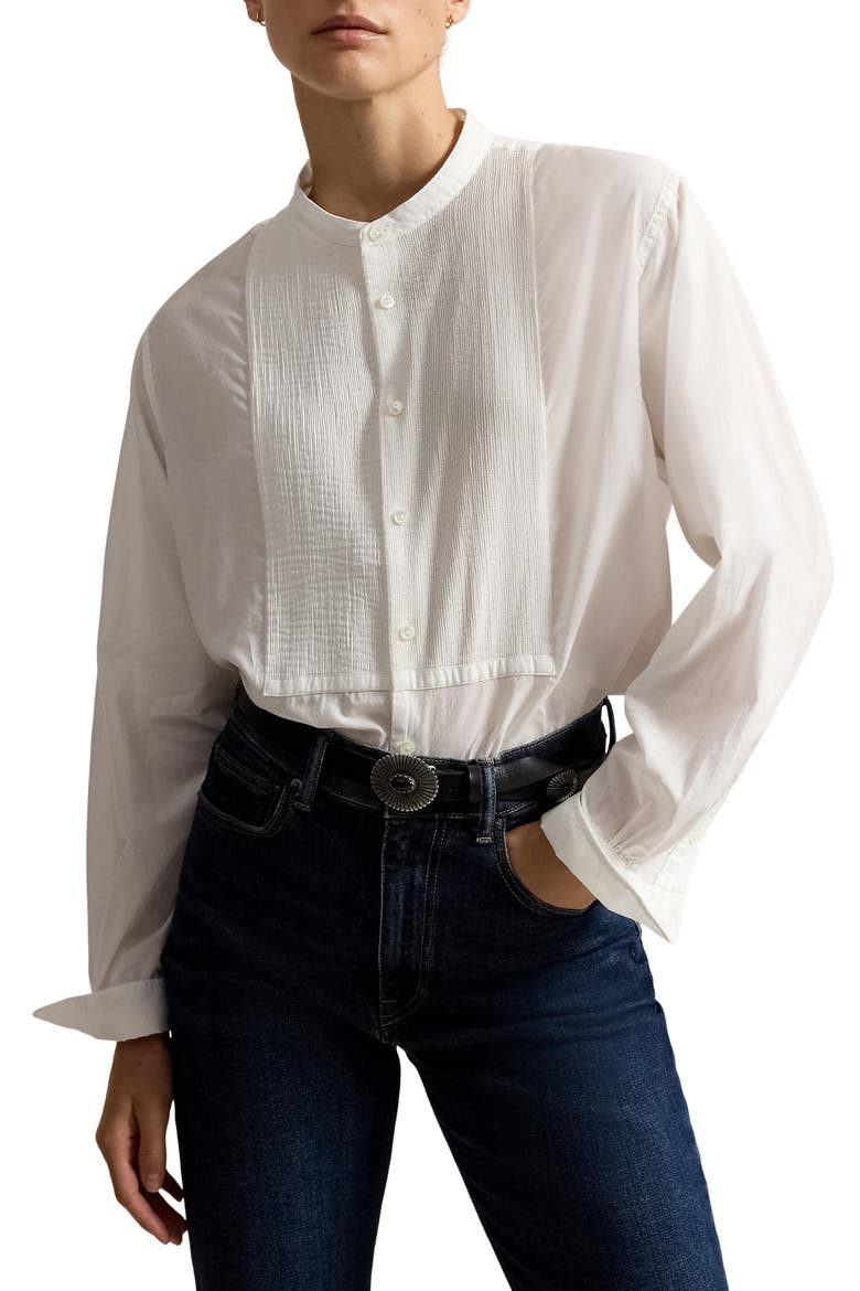 Pintuck Band Collar Cotton Button-Up Shirt, Main, color, WHITE