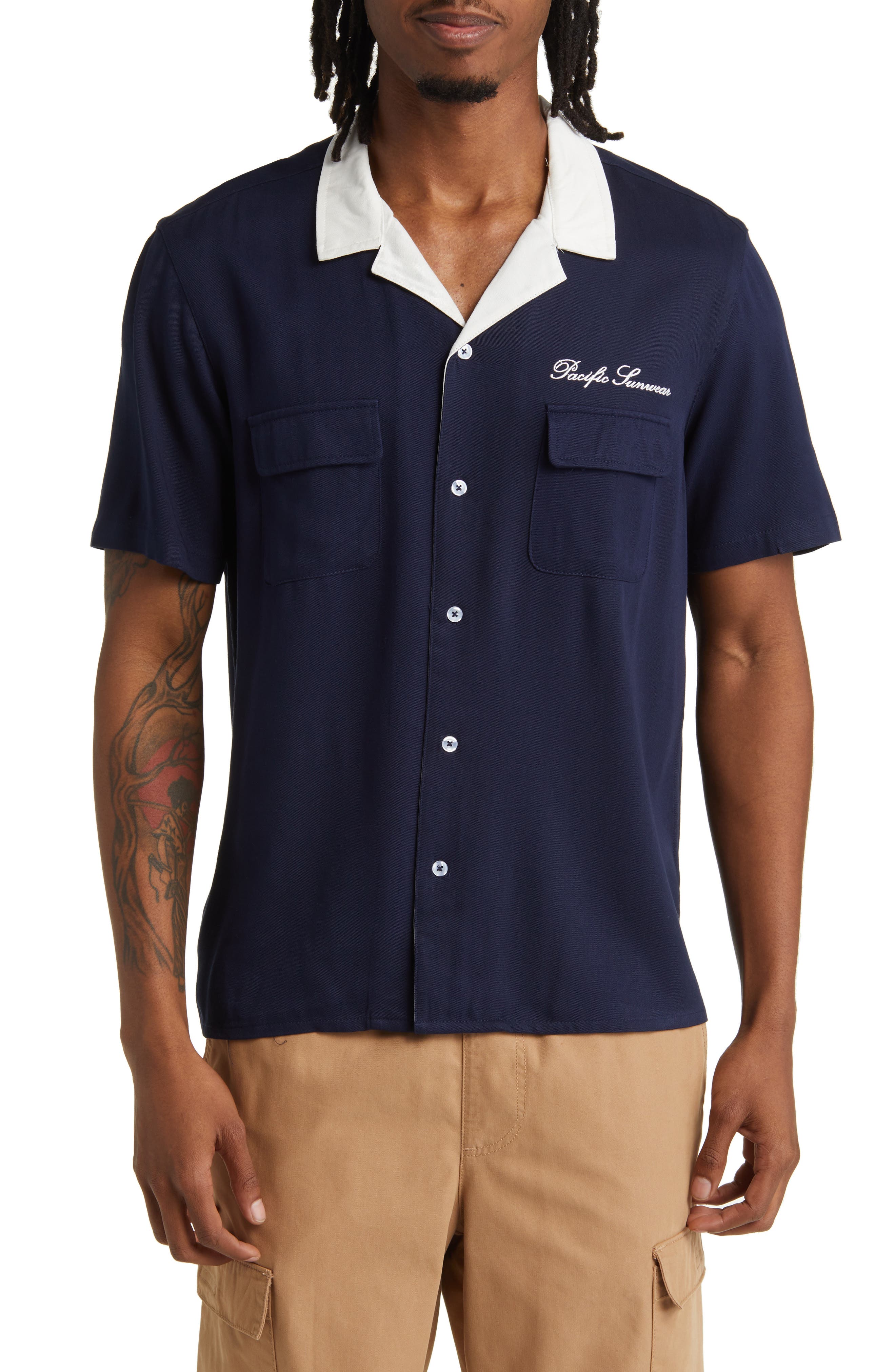 Tracking Calligraphy PacSun Calligraphy Short Sleeve Button-Up Camp Shirt (Men) | Nordstrom