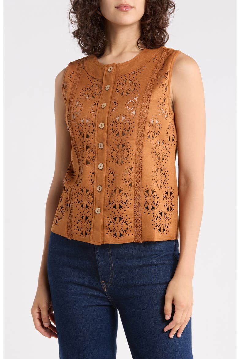 Laser Cut Circle Faux Suede Tank, Main, color, CAMEL
