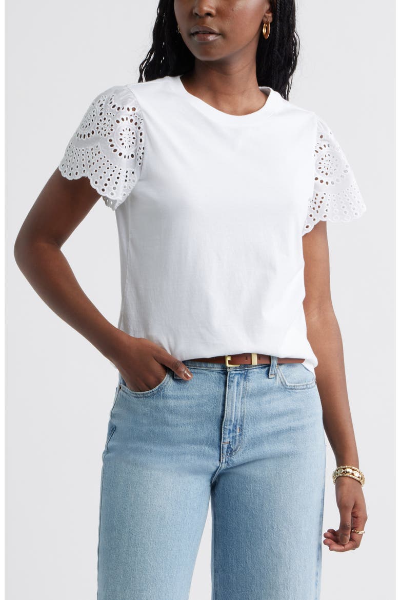Eyelet Sleeve Mixed Media T-Shirt, Main, color, WHITE