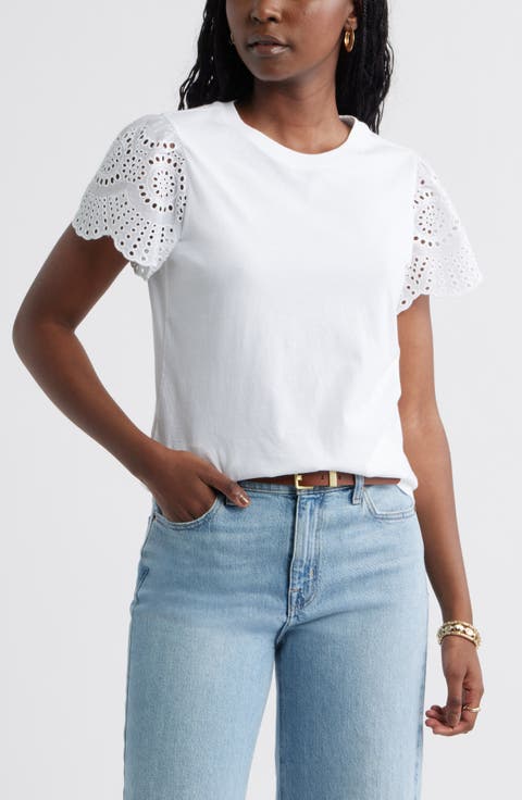 Eyelet Sleeve Mixed Media T-Shirt