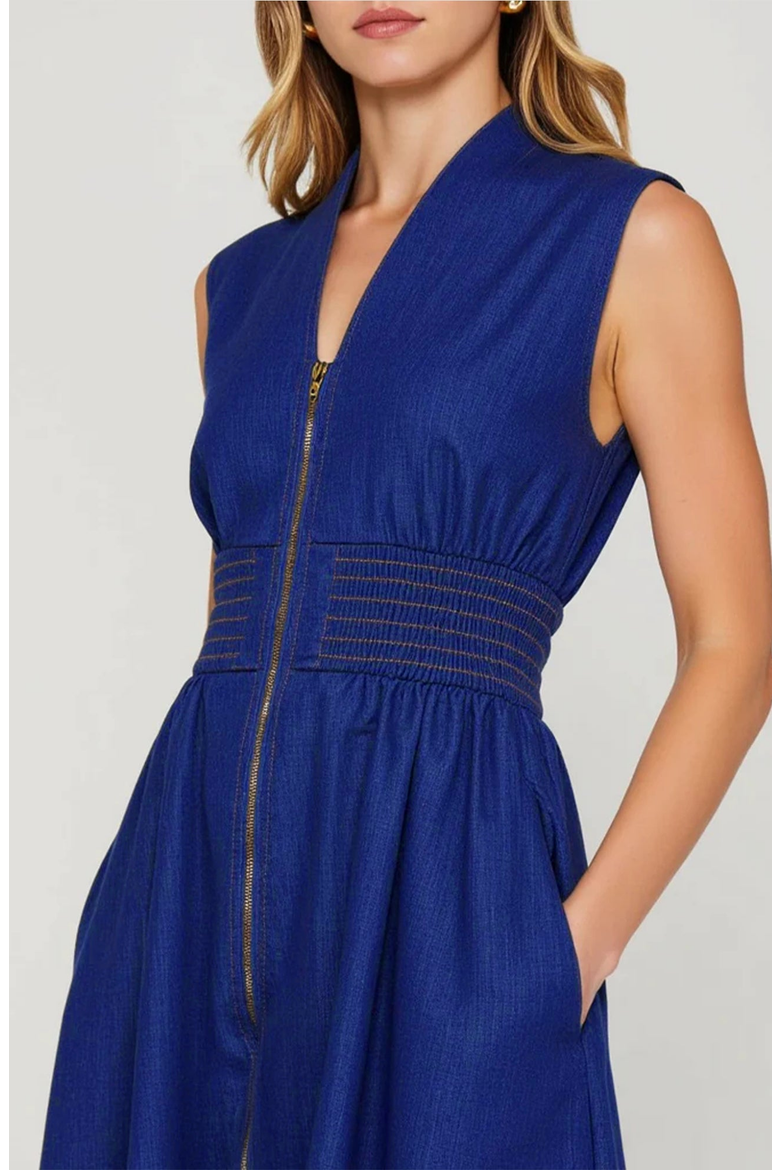 Zip Front Midi Dress with Cap Sleeves and Smocked Waist, Alternate, color, Denim