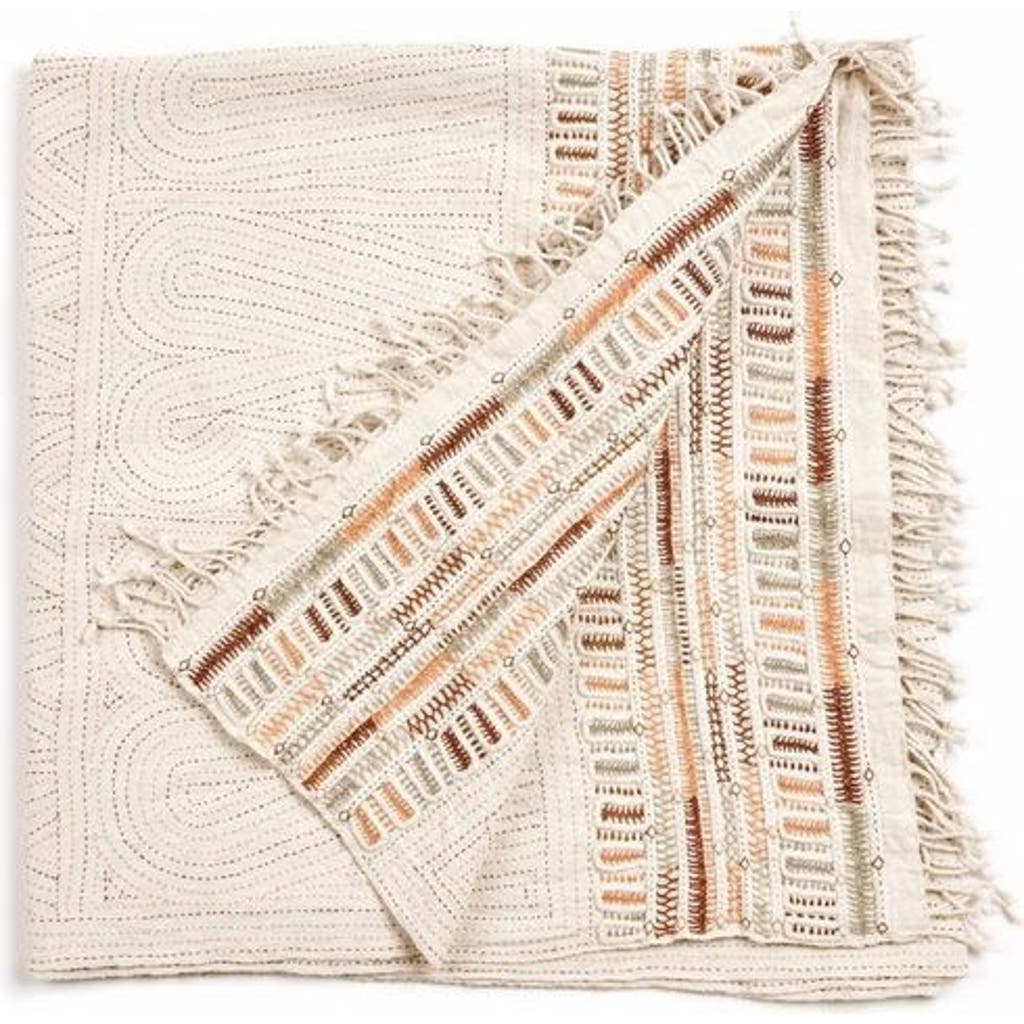 Studio Variously Unah Coral Fully Hand Embroidered Handwoven Organic Cotton Throw In Brown