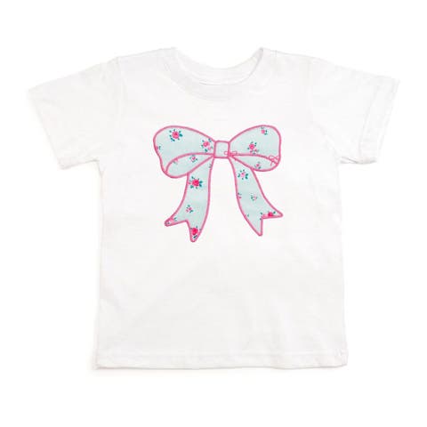 Sky Blue Floral Bow Patch Short Sleeve T-Shirt (Toddler, Little Kid & Big Kid)