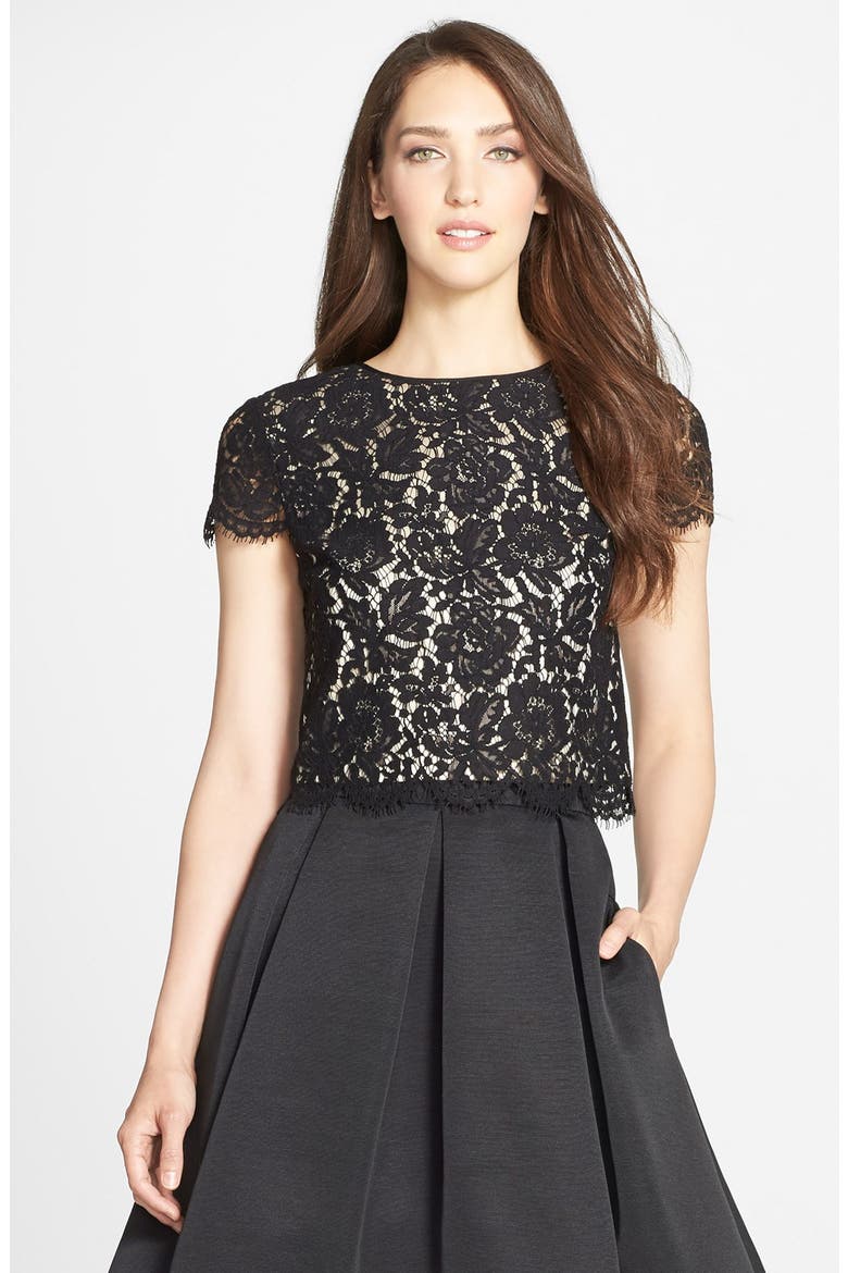 Lace Cap Sleeve Top, Main, color, BLACK