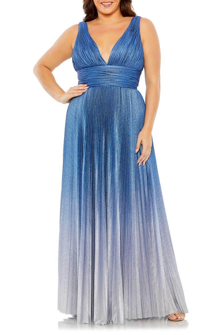V-Neckline Ombre Pleated Gown, Main, color, SAPPHIRE OMBRE