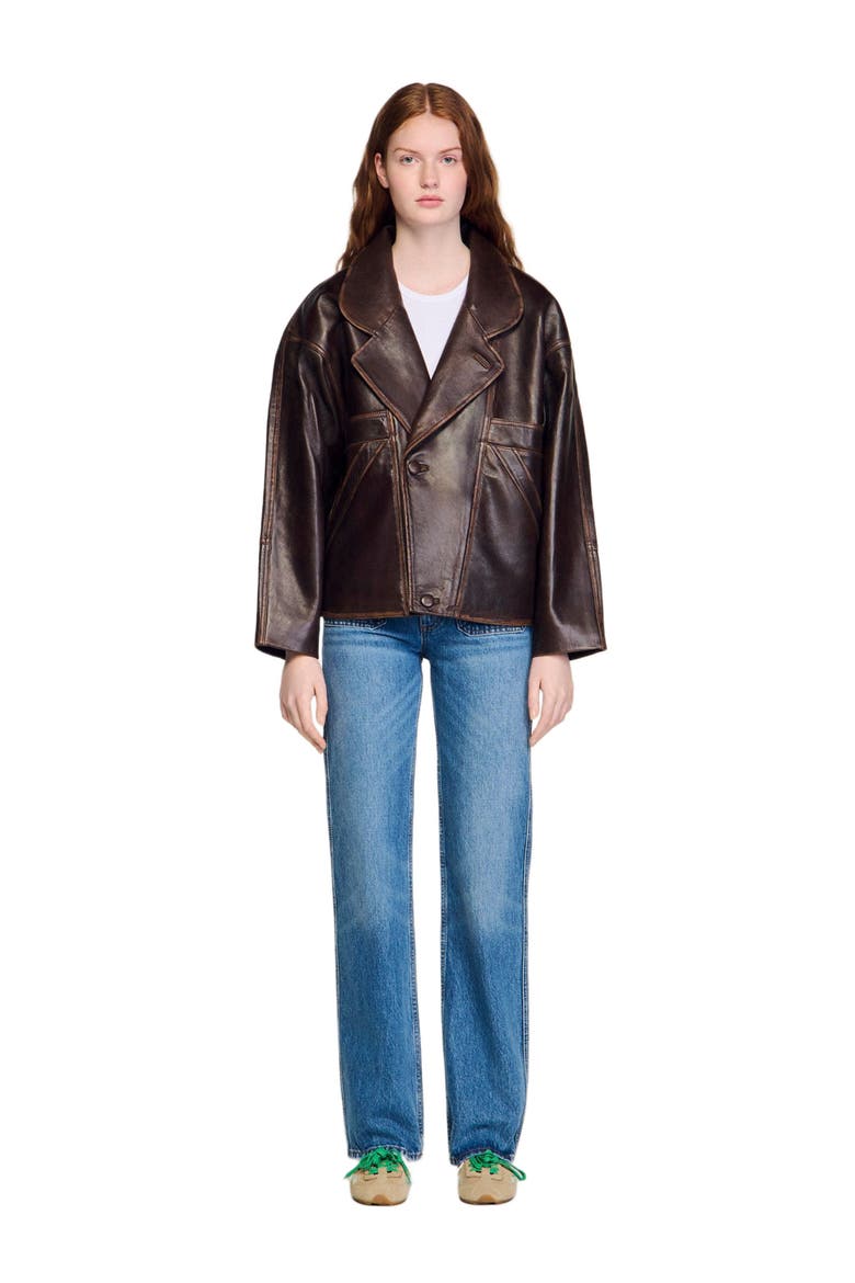 Oversized leather jacket, Alternate, color, Brown