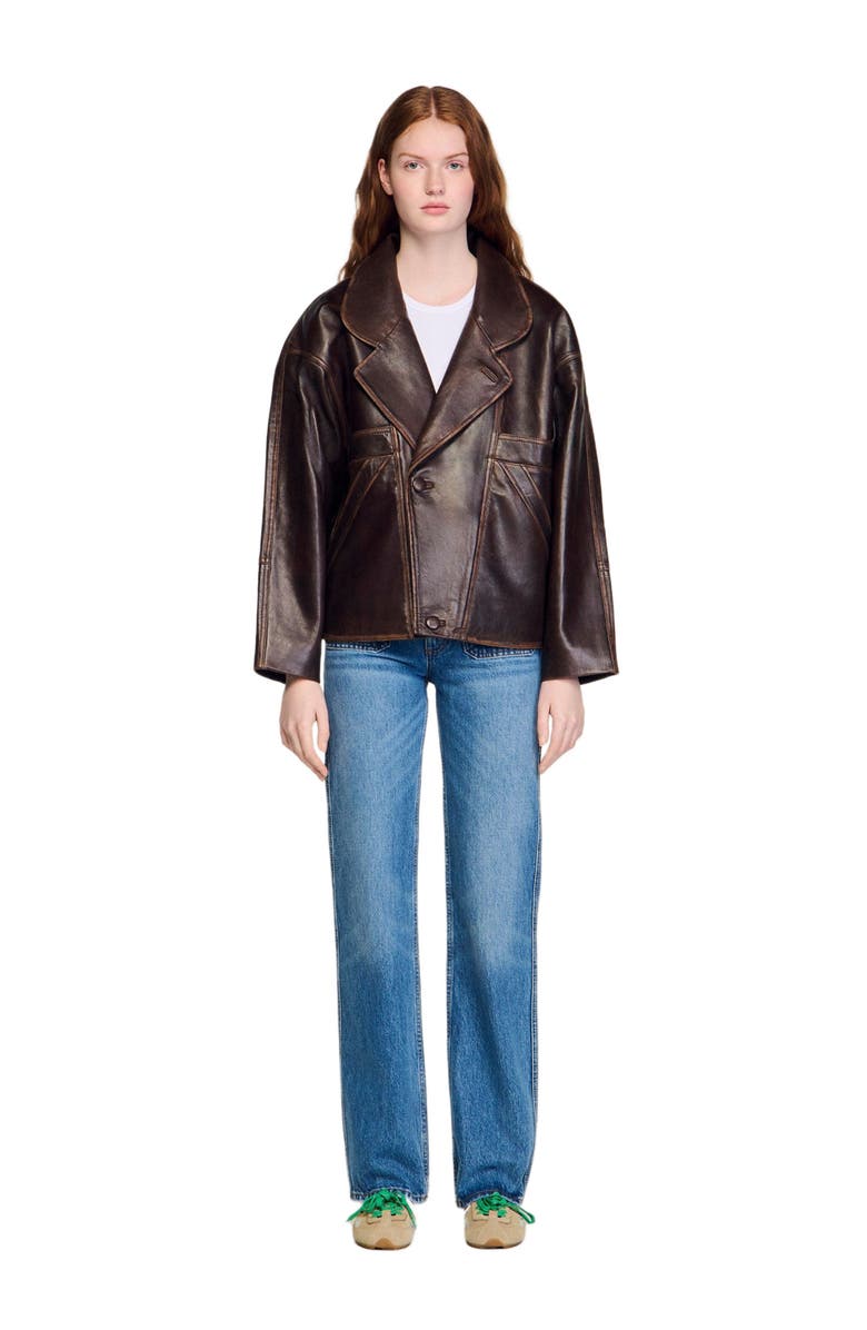 SANDRO Oversized leather jacket, Alternate, color, Brown