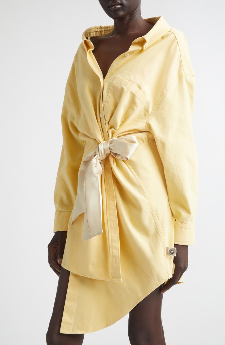 Area Satin Knot Long Sleeve Cotton Oxford Shirtdress, Alternate, color, Light Yellow