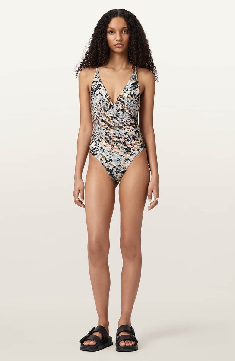 AllSaints Saph V-Neck One-Piece Swimsuit, Alternate, color, Canter Fawn Brown