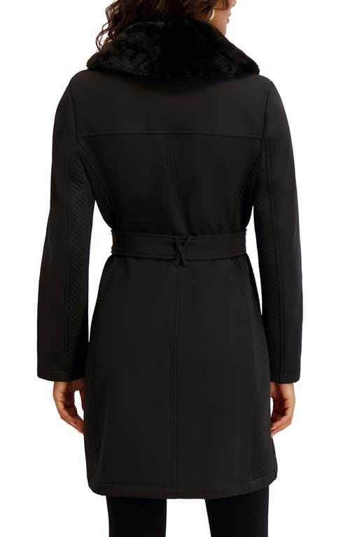 Kensie Faux Fur Collar Water Resistant Belted Softshell Jacket In Black