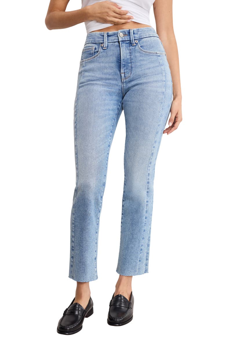 Good American Soft-Tech Good Straight Raw Hem Ankle Straight Leg Jeans, Main, color, Indigo799