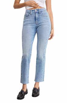 Good American Soft-Tech Good Straight Raw Hem Ankle Straight Leg Jeans