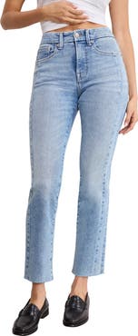 Good American Soft-Tech Good Straight Raw Hem Ankle Straight Leg Jeans