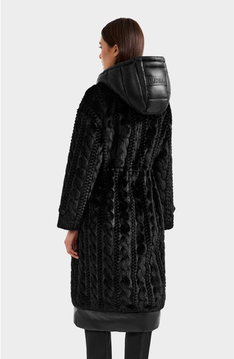 Rudsak Oriana Cable Pattern Faux Fur Coat with Removable Puffer Hood, Alternate, color, Black
