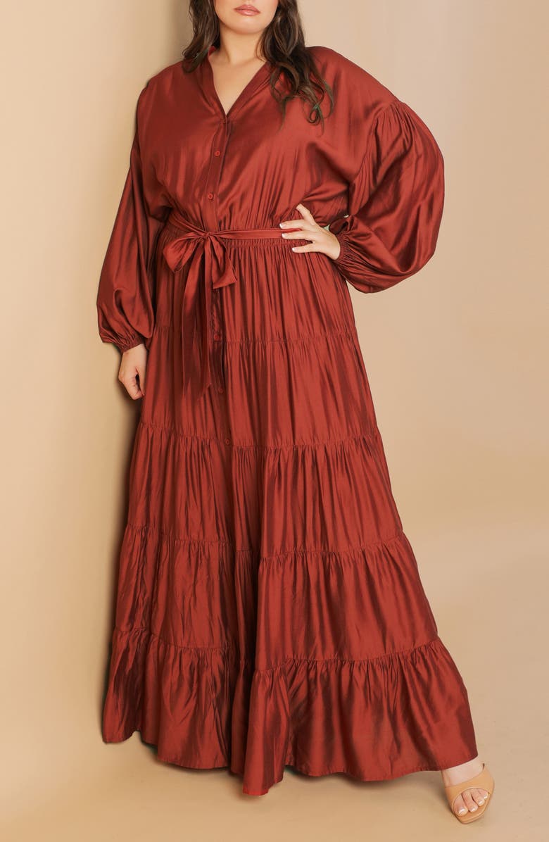 FLYING TOMATO Long Sleeve Maxi Dress, Alternate, color, Brick