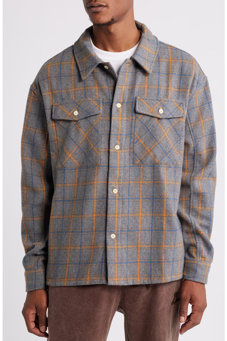 Logo Embroidered Flannel Button-Up Shirt, Alternate, color, GREY/ YELLOW