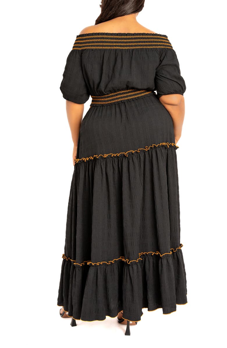 BUXOM COUTURE Smocked Off the Shoulder Puff Sleeve Top & Maxi Skirt Set, Alternate, color, Black