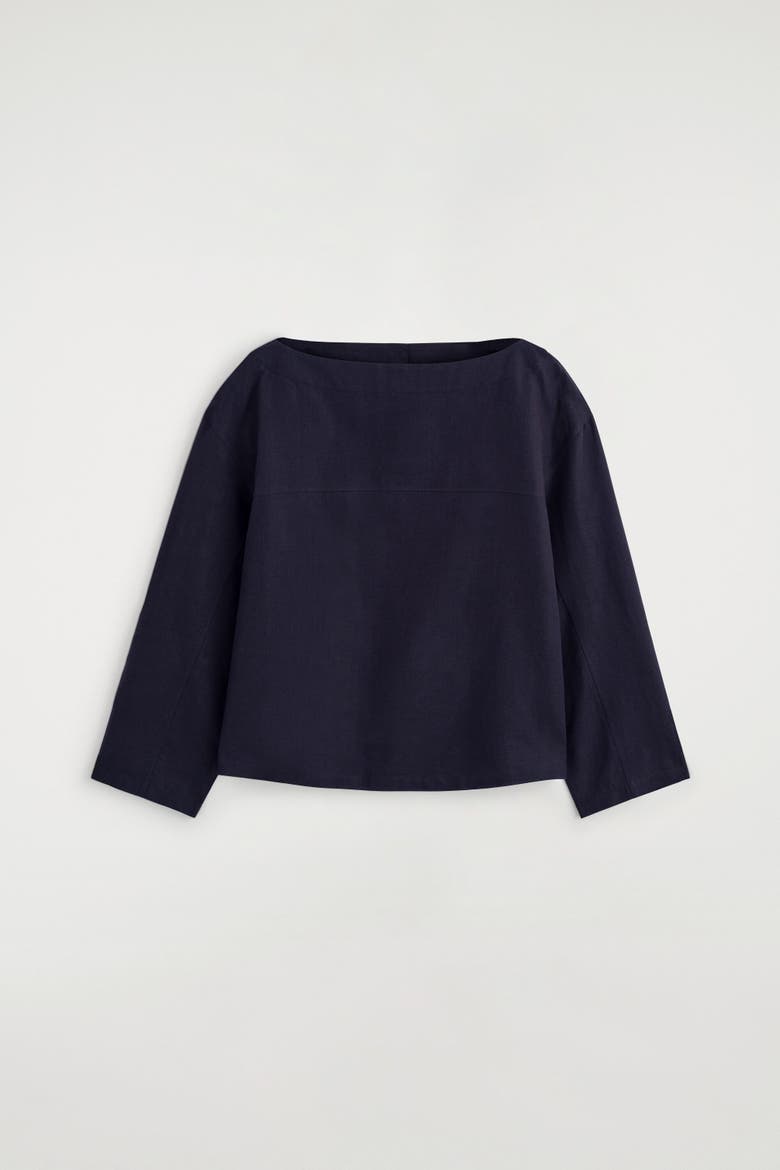 Boat-neck Linen Blouse, Alternate, color, NAVY