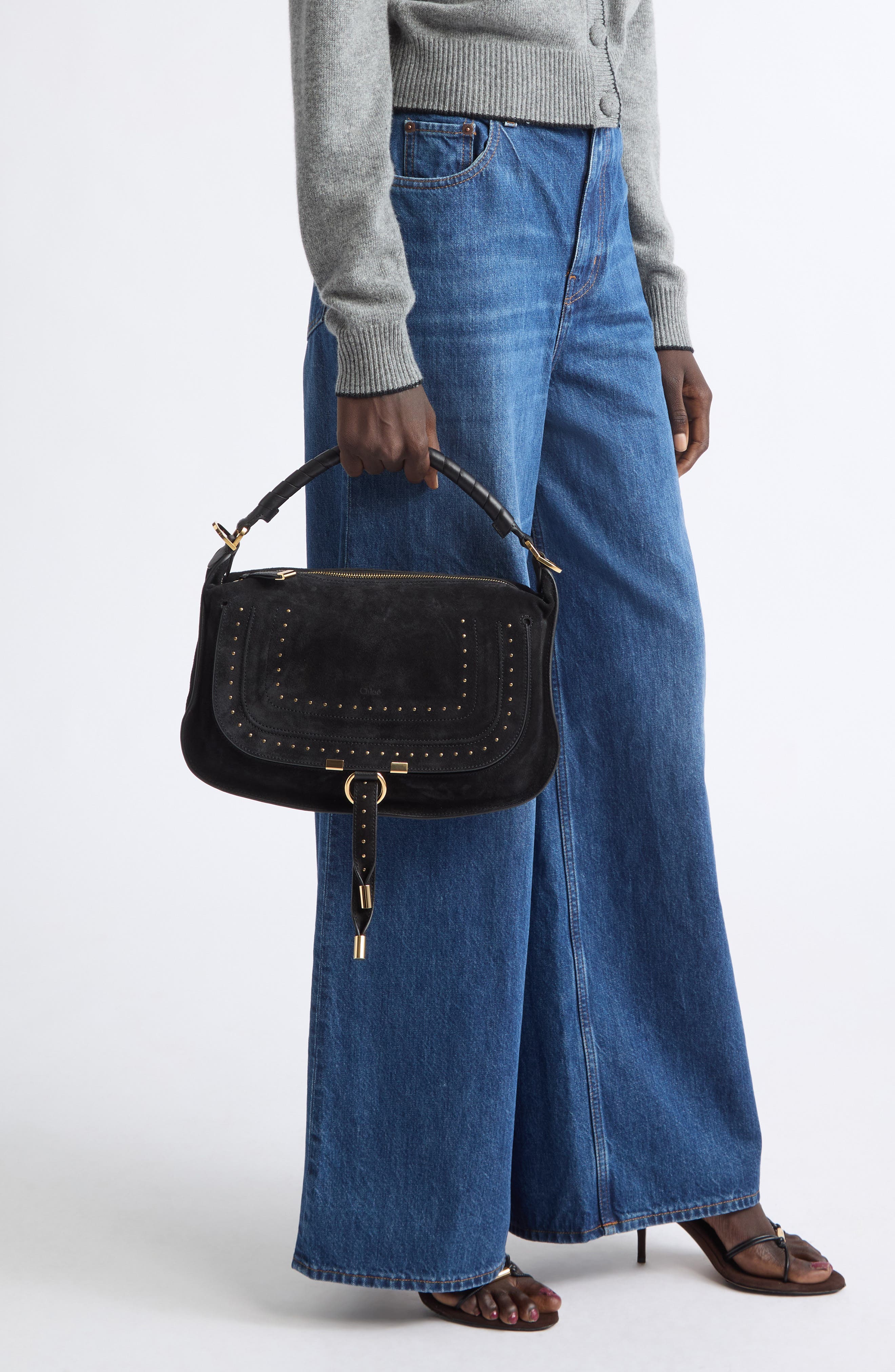 Marcie Suede Shoulder Bag, Alternate, color, BLACK