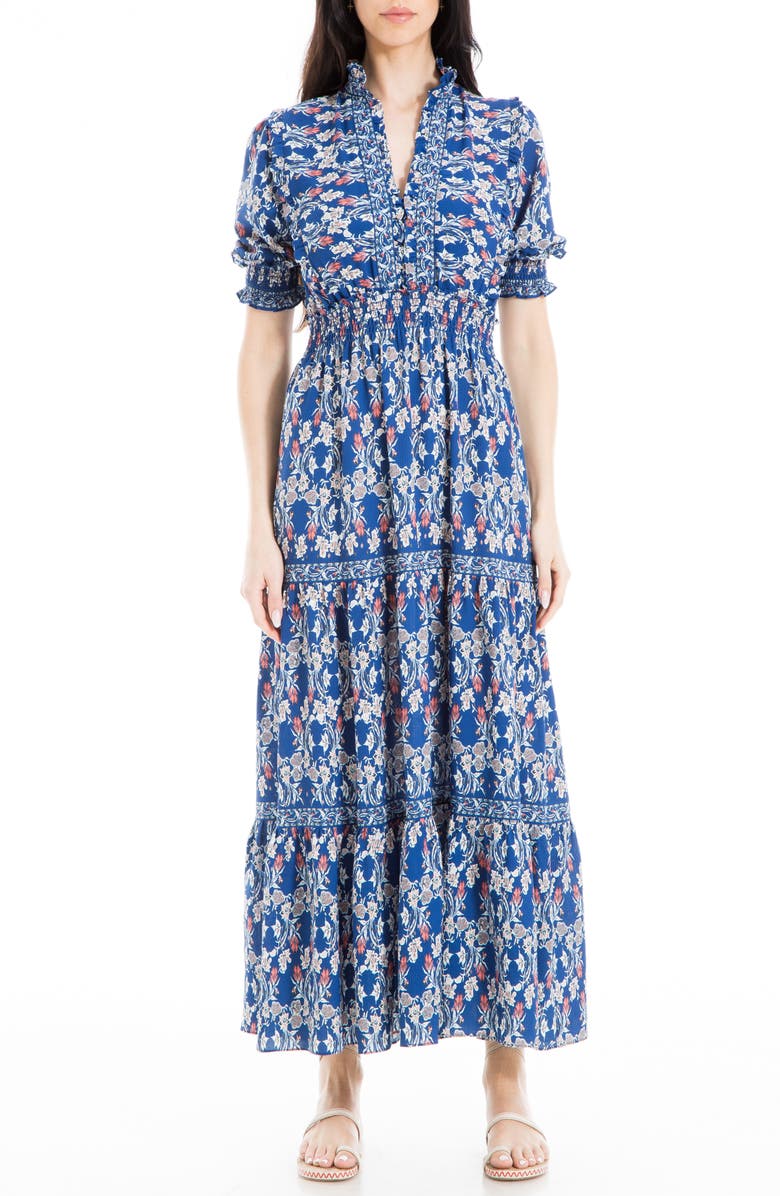 MAX STUDIO Ruffle Collar Print Tiered Maxi Dress, Main, color, Blue Floral Print