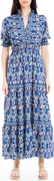 MAX STUDIO Ruffle Collar Print Tiered Maxi Dress