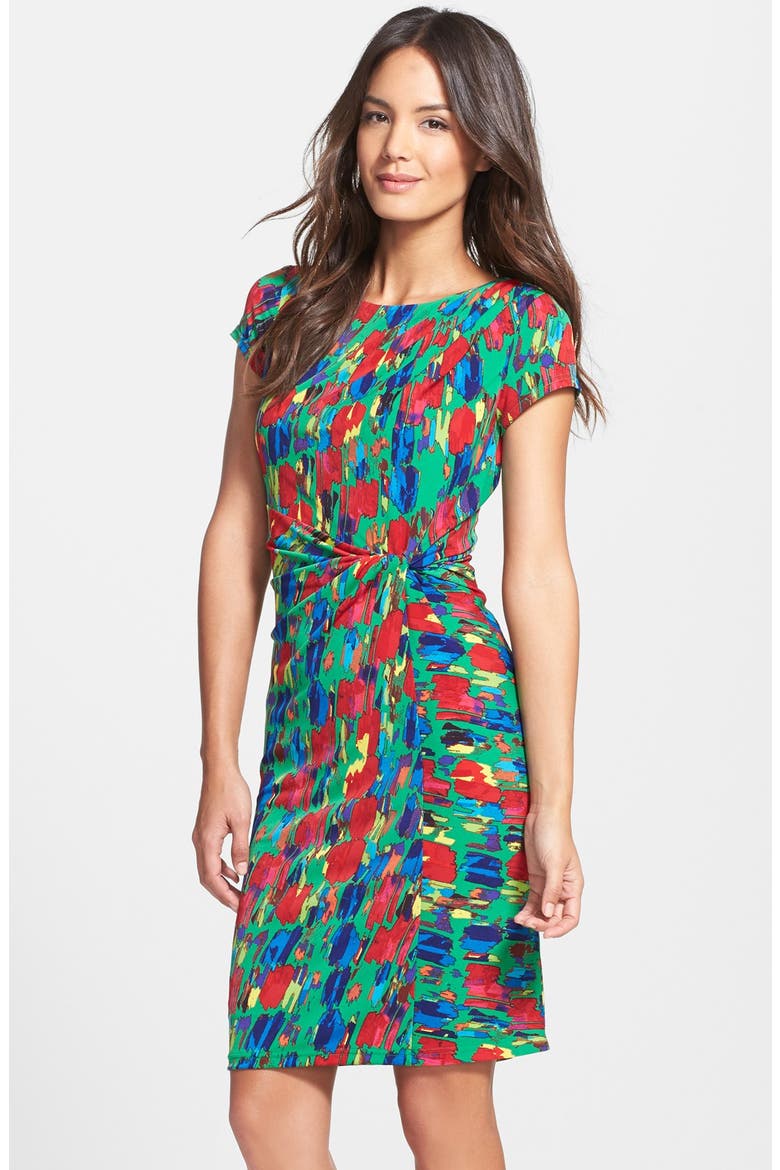 Print Jersey Faux Wrap Sheath Dress, Main, color, GREEN MULTI